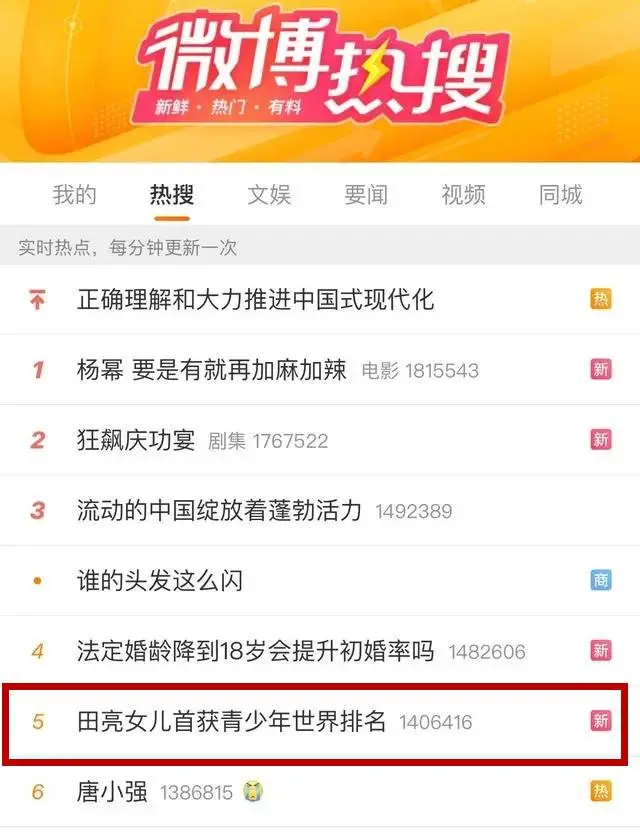 田亮女儿首获青少年世界排名上了微博热搜